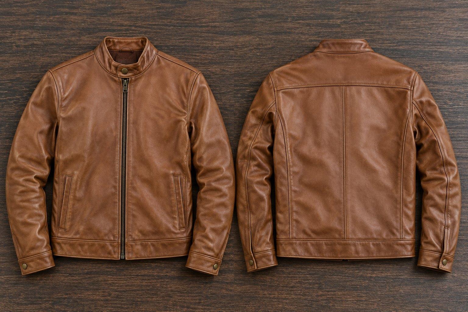 Tan leather cafe racer jacket with a snap collar and brass zip, front and back