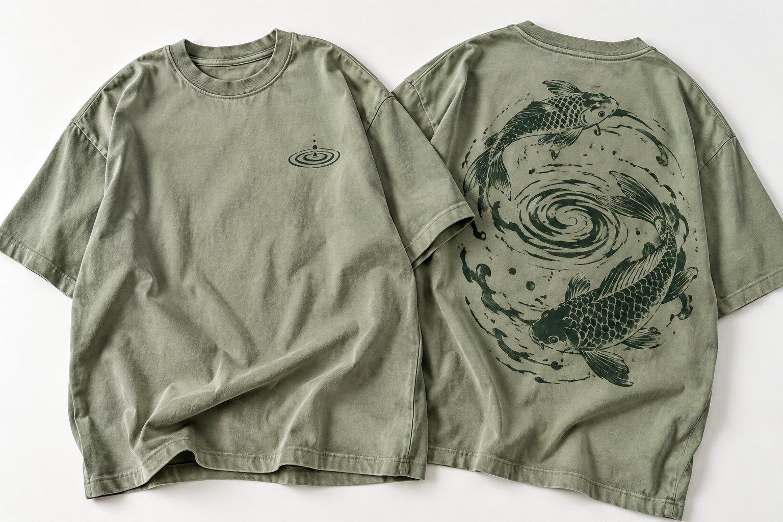 Sage tee, front and back, with a ripple on the chest and two koi circling a whirlpool across the back