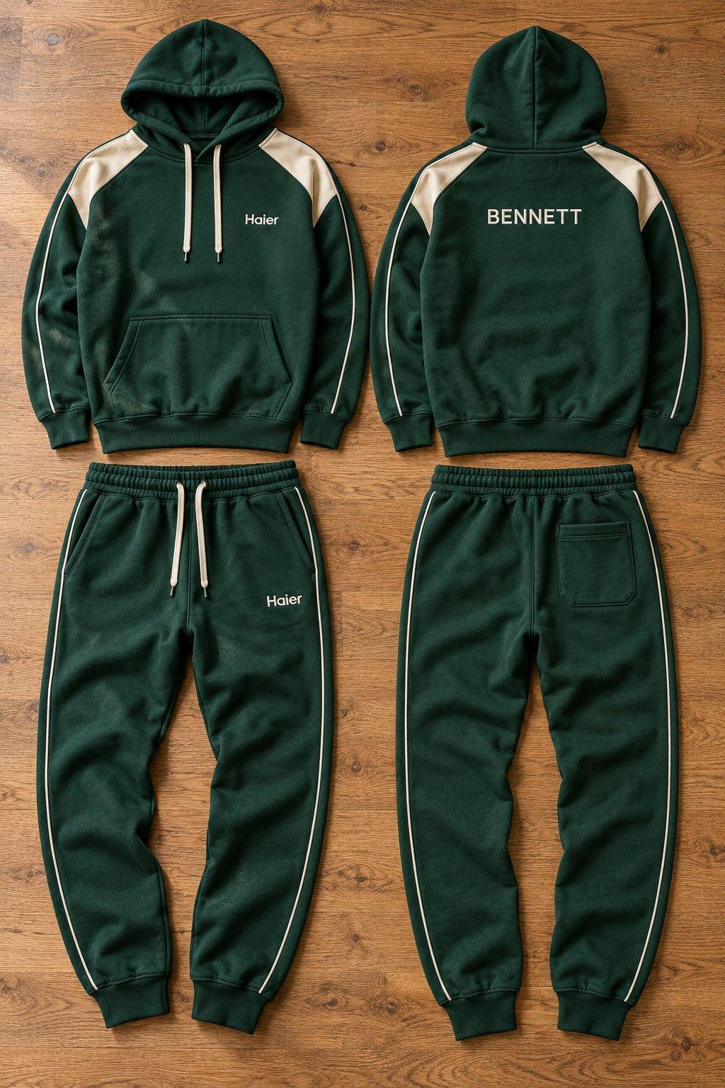 Bottle green hoodie tracksuit with cream shoulder panels and piping, Haier logo on the chest and leg and a name across the back