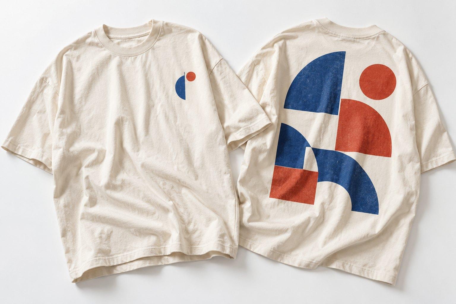 Natural tee, front and back, with a small blue and red mark on the chest and large geometric shapes across the back