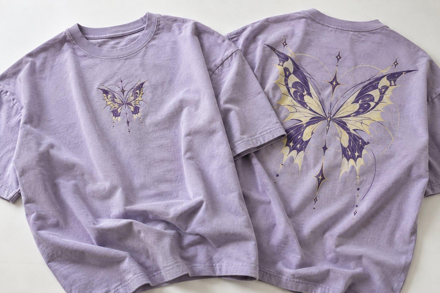 Lavender tee, front and back, with a purple and cream butterfly on the chest and a large one across the back