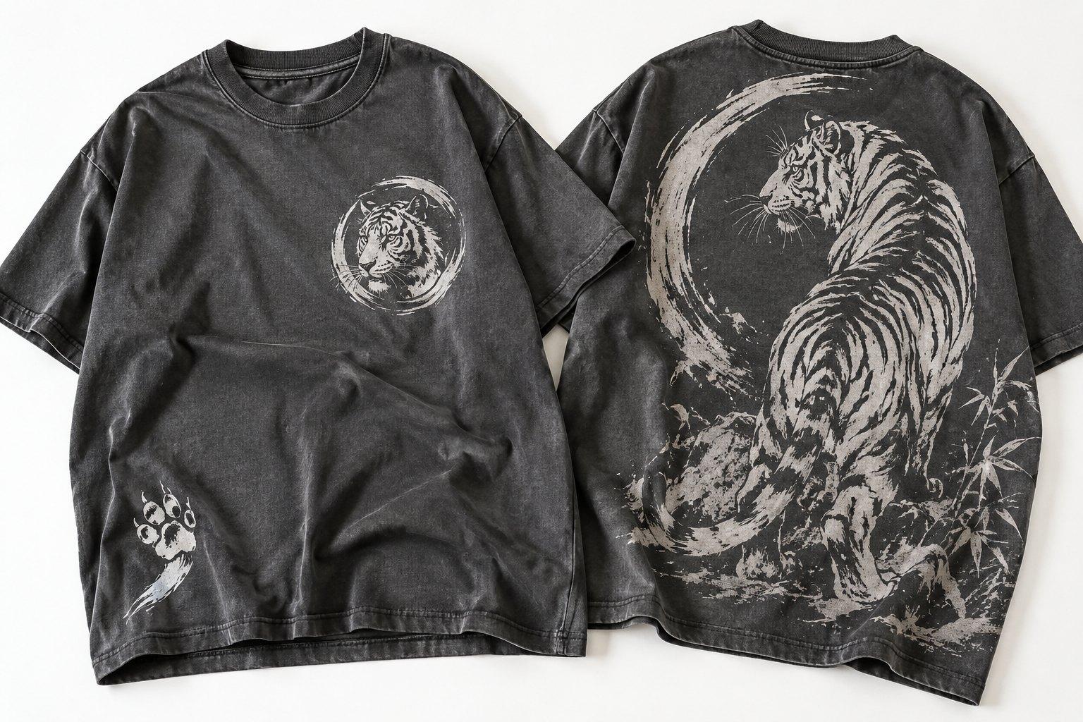Washed black tee, front and back, with a tiger in a brush circle on the chest and a full-back brush-stroke tiger