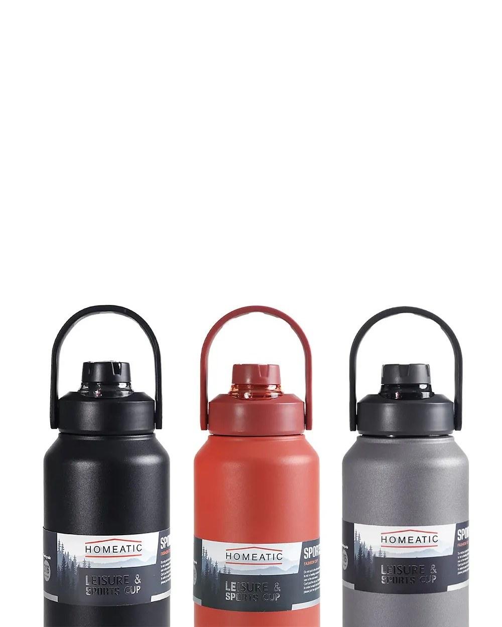Three insulated steel bottles with carry-handle lids, in black, red and grey