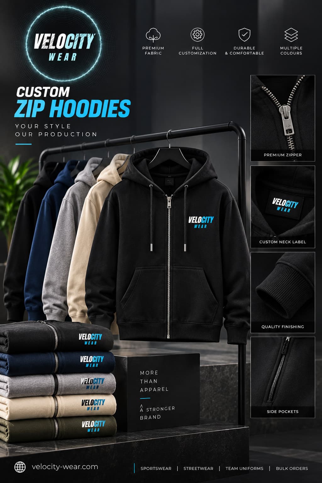 Range of custom hoodies in several colourways for a campaign