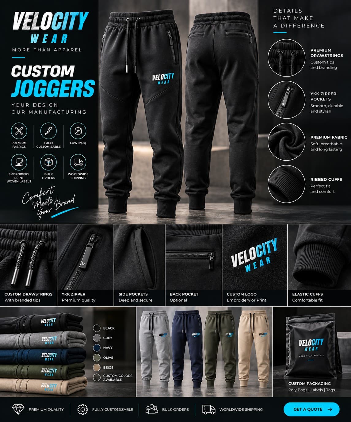 Custom joggers for gym staff photographed against a plain studio backdrop