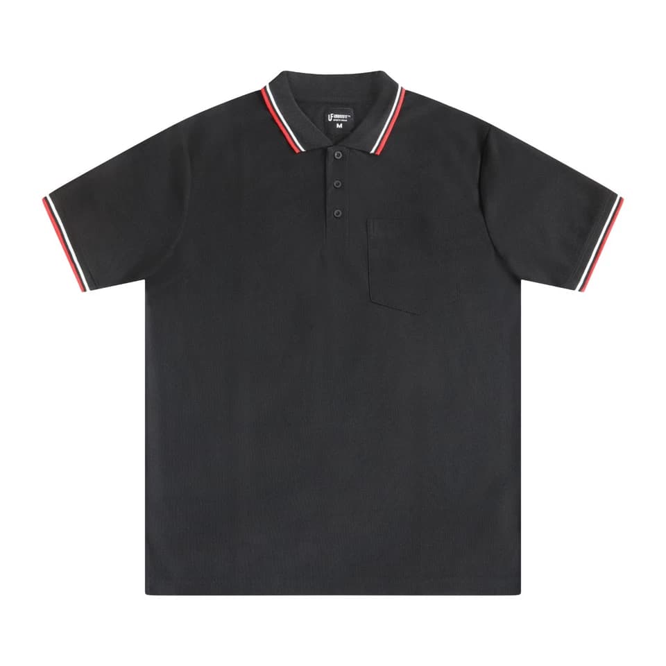 Two uniform polo shirts compared for colour consistency