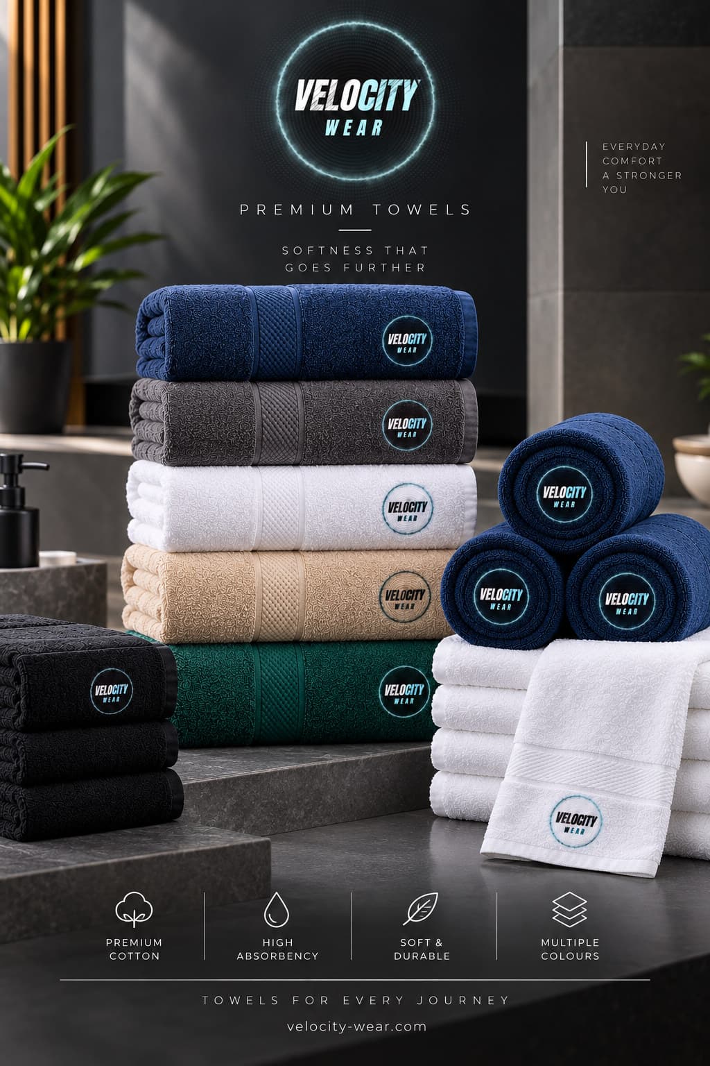 Custom branded towel range with embroidered and printed logo detail