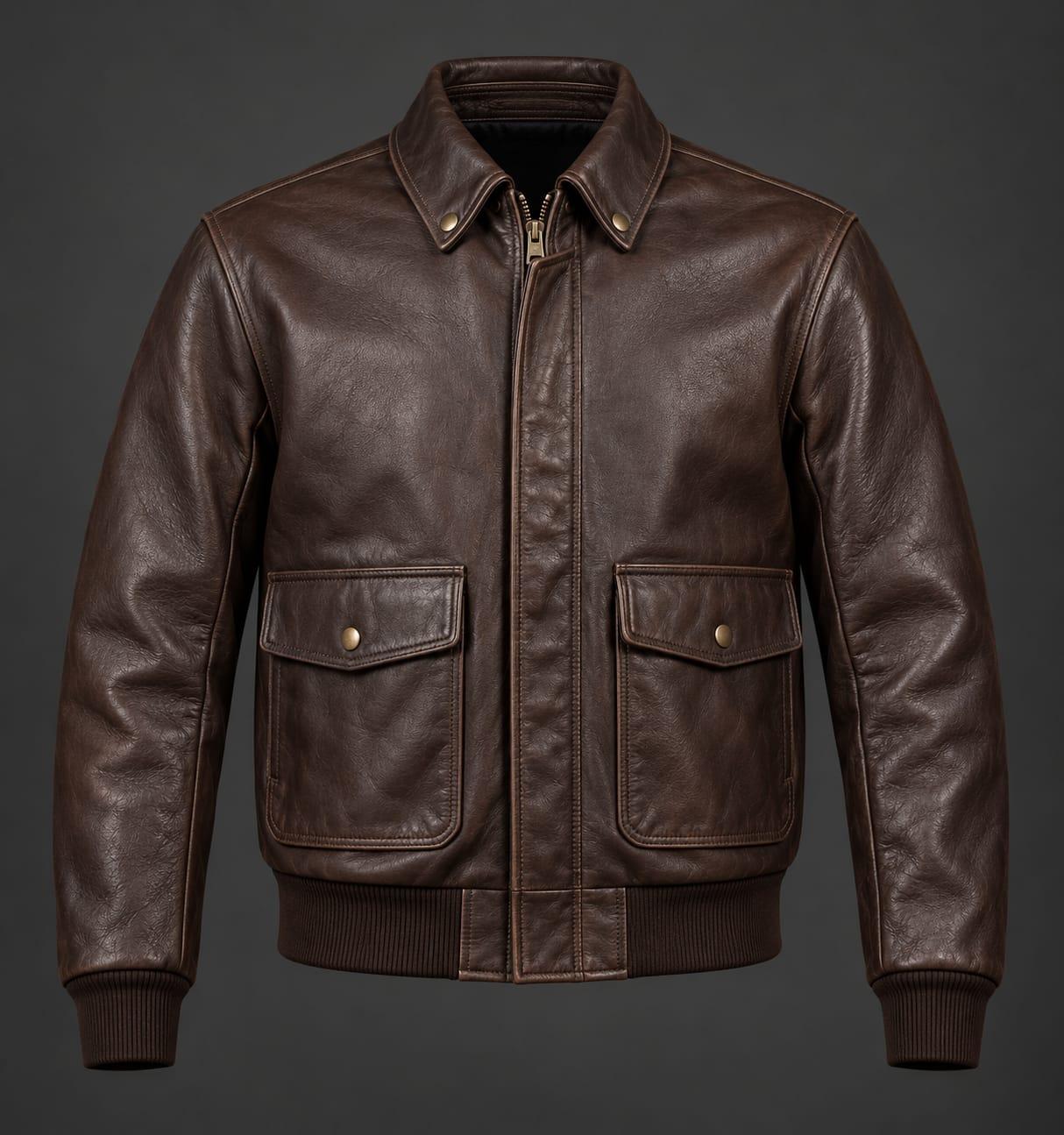A2 Heritage Aviator leather jacket in brown, front view