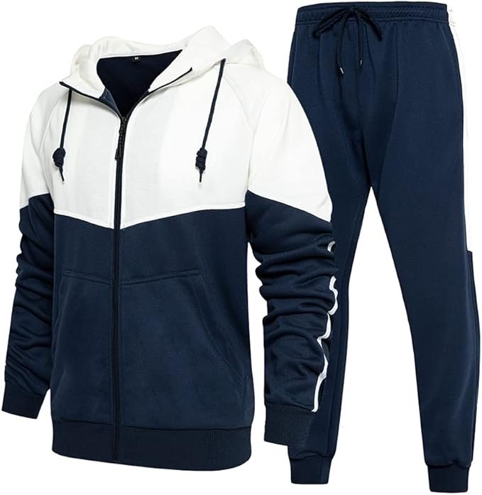 Men's Hooded Athletic Tracksuit Sweatsuit Long Sleeve Full-Zip Jogging Sweatpants 2 Piece Patchwork Sportsuits