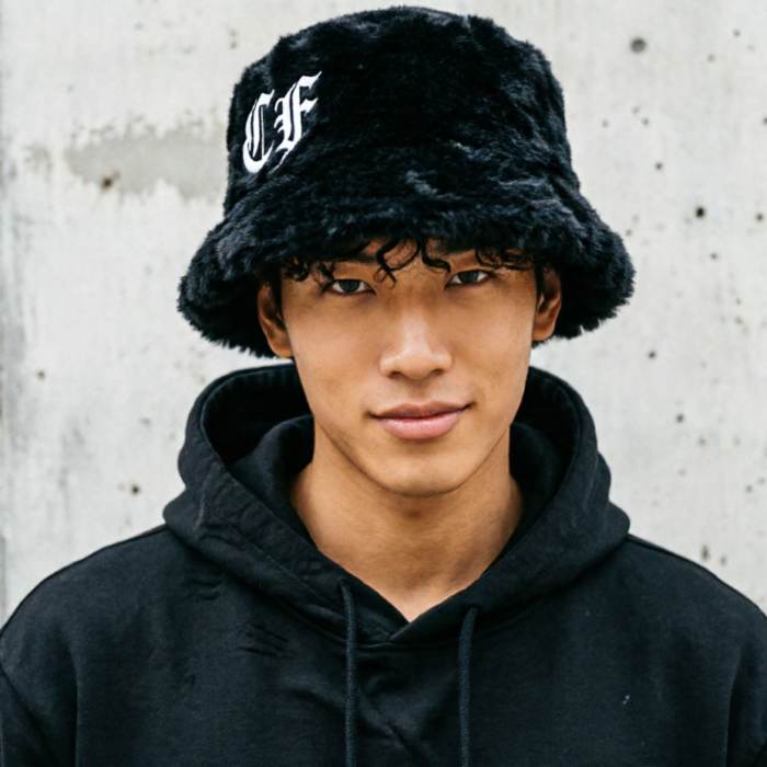 CrossFaded CF Logo Faux Fur Beanie – Black & White Streetwear Winter Hat