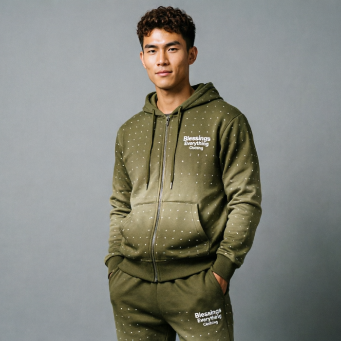 Blessings Everything Clothing Olive Green Gradient Tracksuit Set with Embellished Dots - Premium Zip-Up Hoodie & Joggers