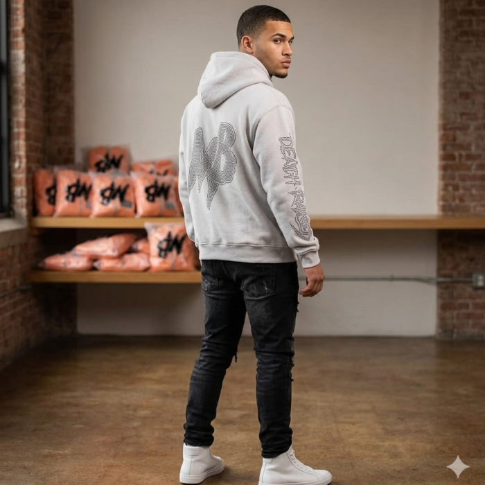 Men's Bone White 'MB' Rhinestone Heavyweight Hoodie - Death Row Collection