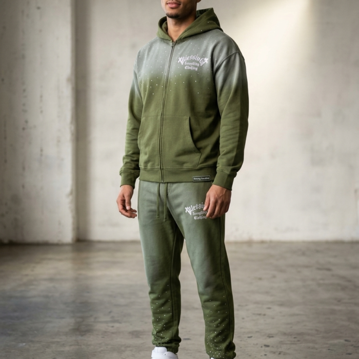 Men's Olive Green Gradient Rhinestone Embellished Tracksuit - Blessing Everything Clothing