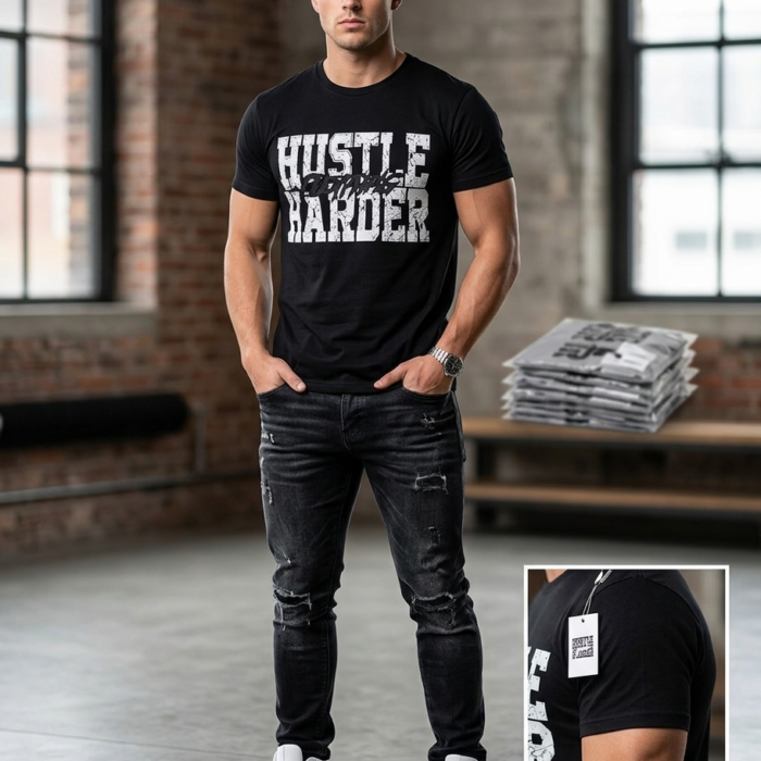 Men's Black Distressed 'HUSTLE HARDER' Tee - Hustle Harder Apparel