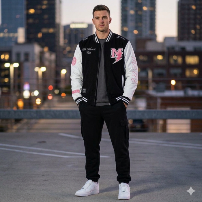 Men's Black and White French Terry Varsity Jacket with Pink Angel Embroidery