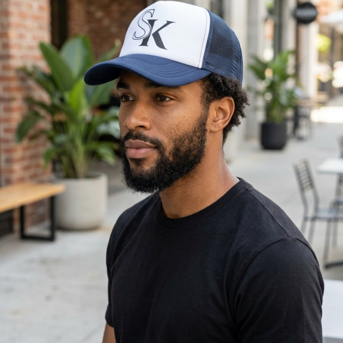 Men's Premium Two-Tone Mesh Trucker Cap with "SK" Interlocking Logo