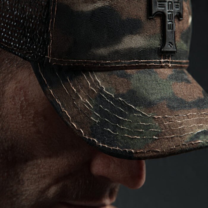 Men’s Camo Trucker Cap – Black Mesh Snapback with Cross Emblem