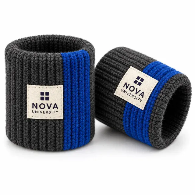 Pair of charcoal rib-knit woolen wristbands with a cobalt colour-block stripe and an ivory woven logo label
