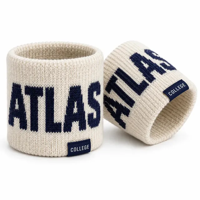 Ivory woolen wristbands with bold navy lettering knitted all the way round and a small woven tab