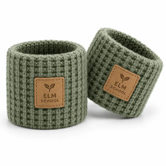 Sage green waffle-knit wristbands with a tan patch label carrying a logo