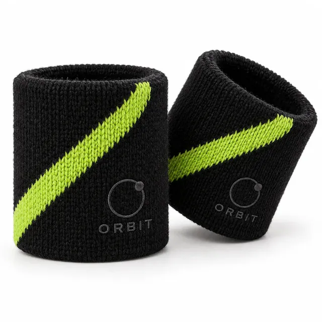 Black woolen wristbands with a lime green diagonal stripe and a small embroidered logo