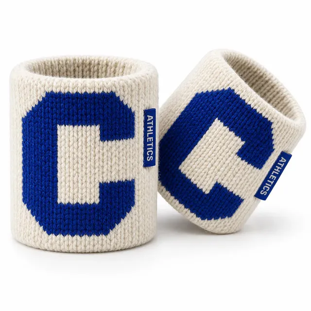 Ivory woolen wristbands with a large cobalt varsity letter knitted in