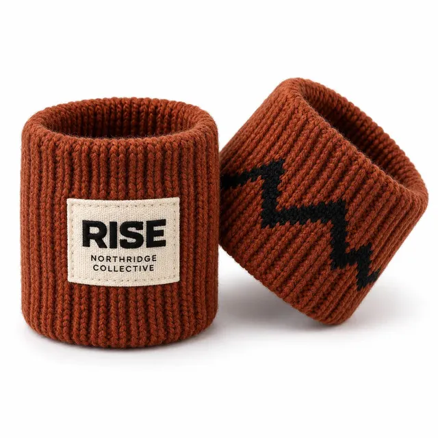 Rust-orange woolen wristbands with a knitted black zigzag and an ivory woven label