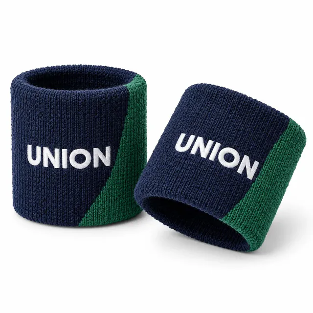 Navy and bottle green split colour-block wristbands with a knitted white wordmark