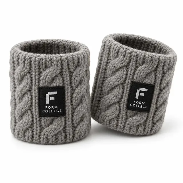 Grey cable-knit woolen wristbands with a black woven label and white logo