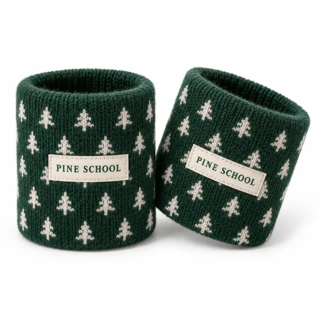 Bottle green woolen wristbands with a knitted ivory tree pattern and a woven name label