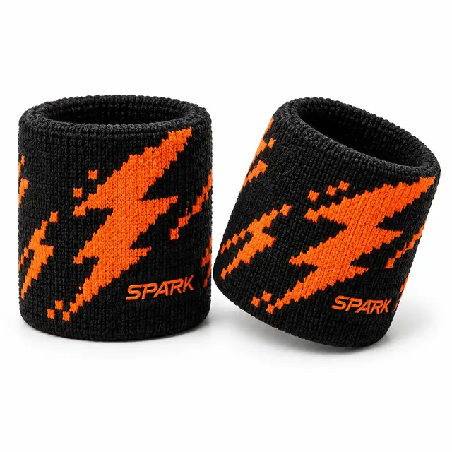 Black woolen wristbands with a pixel-style orange lightning bolt knitted in