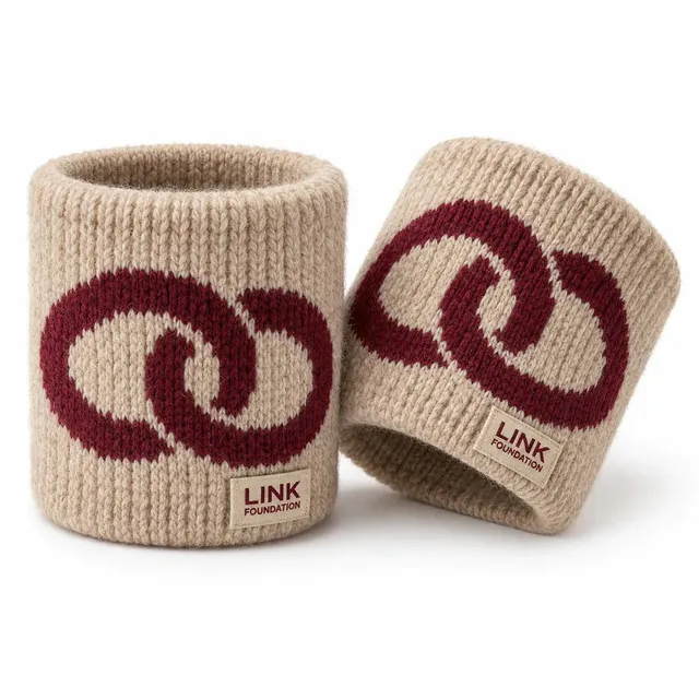Oatmeal woolen wristbands with burgundy interlocking rings knitted in and a small woven label