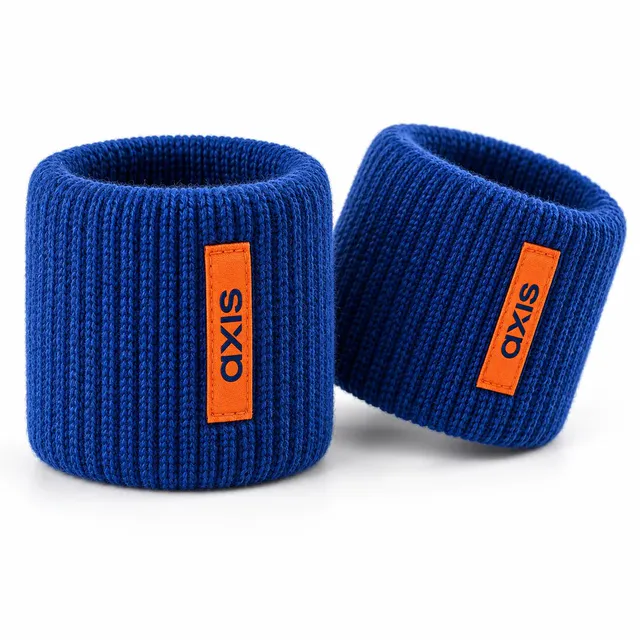 Cobalt blue rib-knit wristbands with a vertical orange woven tab