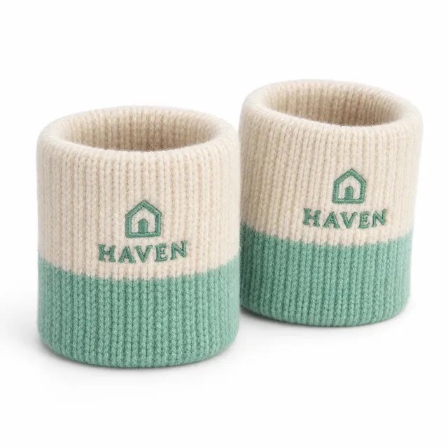 Ivory and mint two-tone woolen wristbands with a green embroidered house logo and wordmark