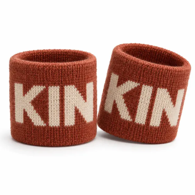 Rust woolen wristbands with large ivory lettering knitted all the way round