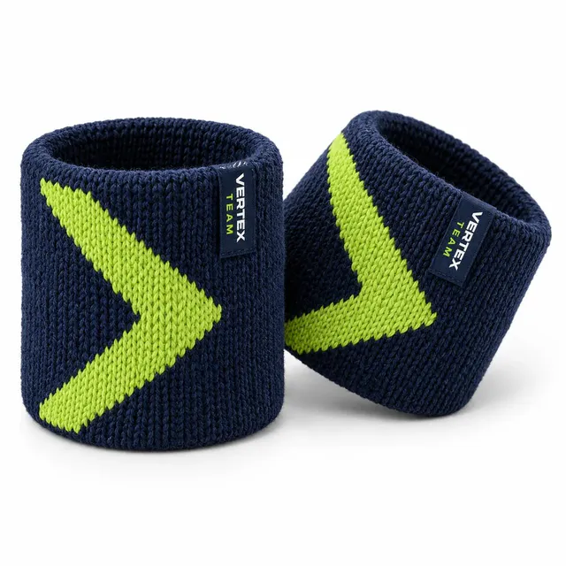 Navy woolen wristbands with a bold lime chevron and a small side tab