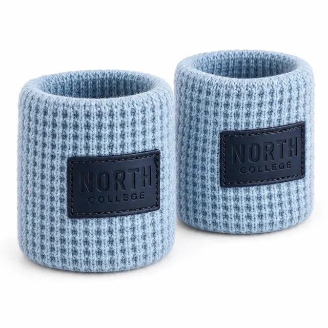 Light blue waffle-knit wristbands with a navy patch label