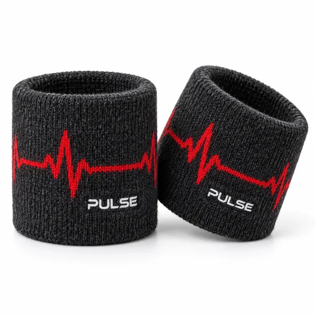 Charcoal woolen wristbands with a red heartbeat line and white lettering