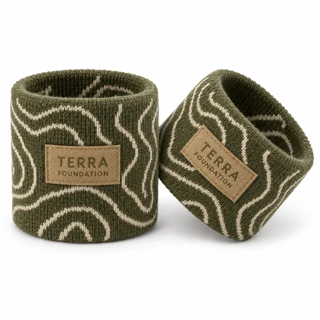 Olive woolen wristbands with an ivory contour-line pattern knitted in and a woven label