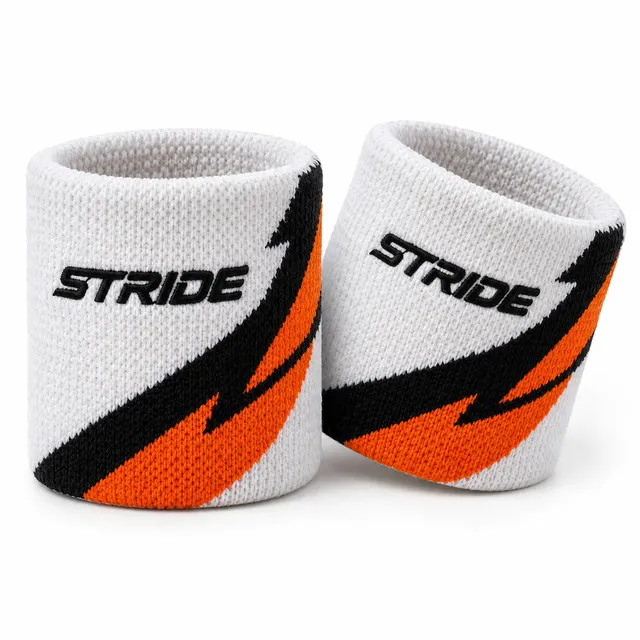 White woolen wristbands with an orange and black lightning colour block and black italic lettering