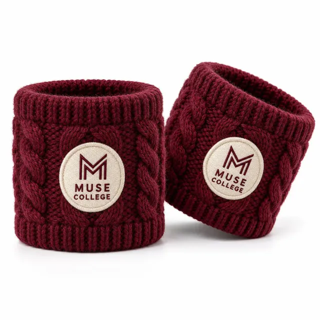 Burgundy cable-knit woolen wristbands with a round ivory embroidered badge logo