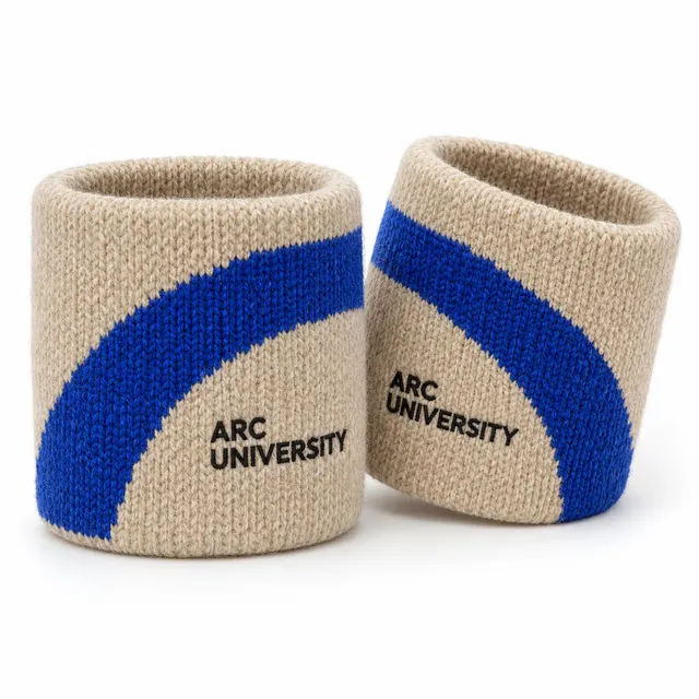Oatmeal woolen wristbands with a sweeping cobalt arc and navy lettering