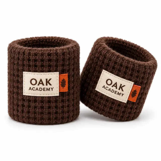 Brown check-knit woolen wristbands with an ivory woven label and orange accent