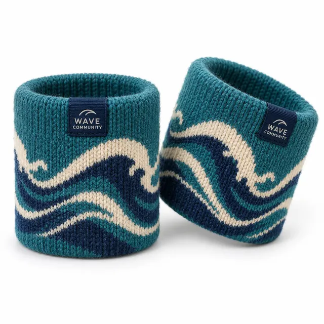 Teal woolen wristbands with an ivory and navy wave pattern knitted all the way round